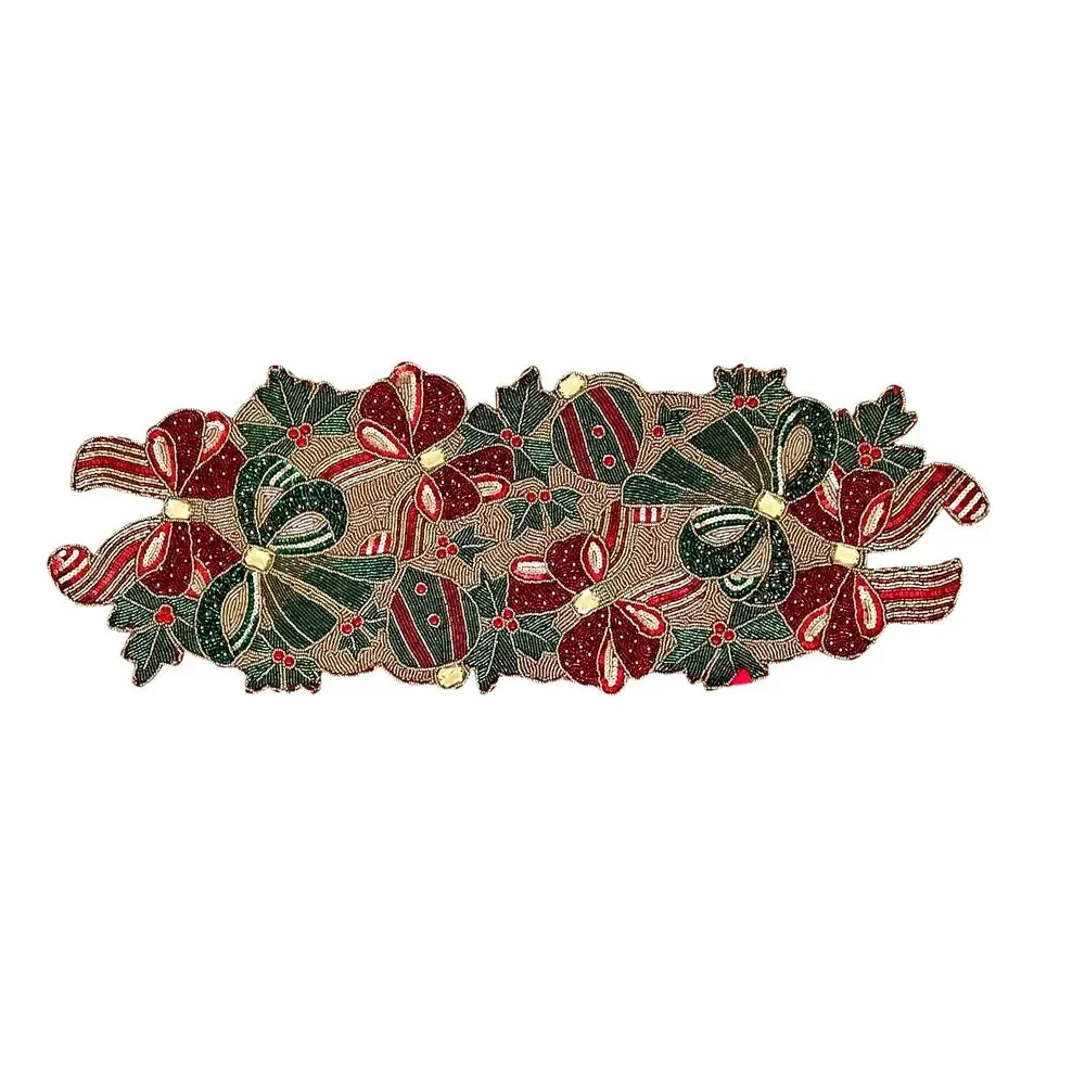 Nicole Miller Beaded Poinsettia Bow Table Runner 13x34 Pink Red Green New